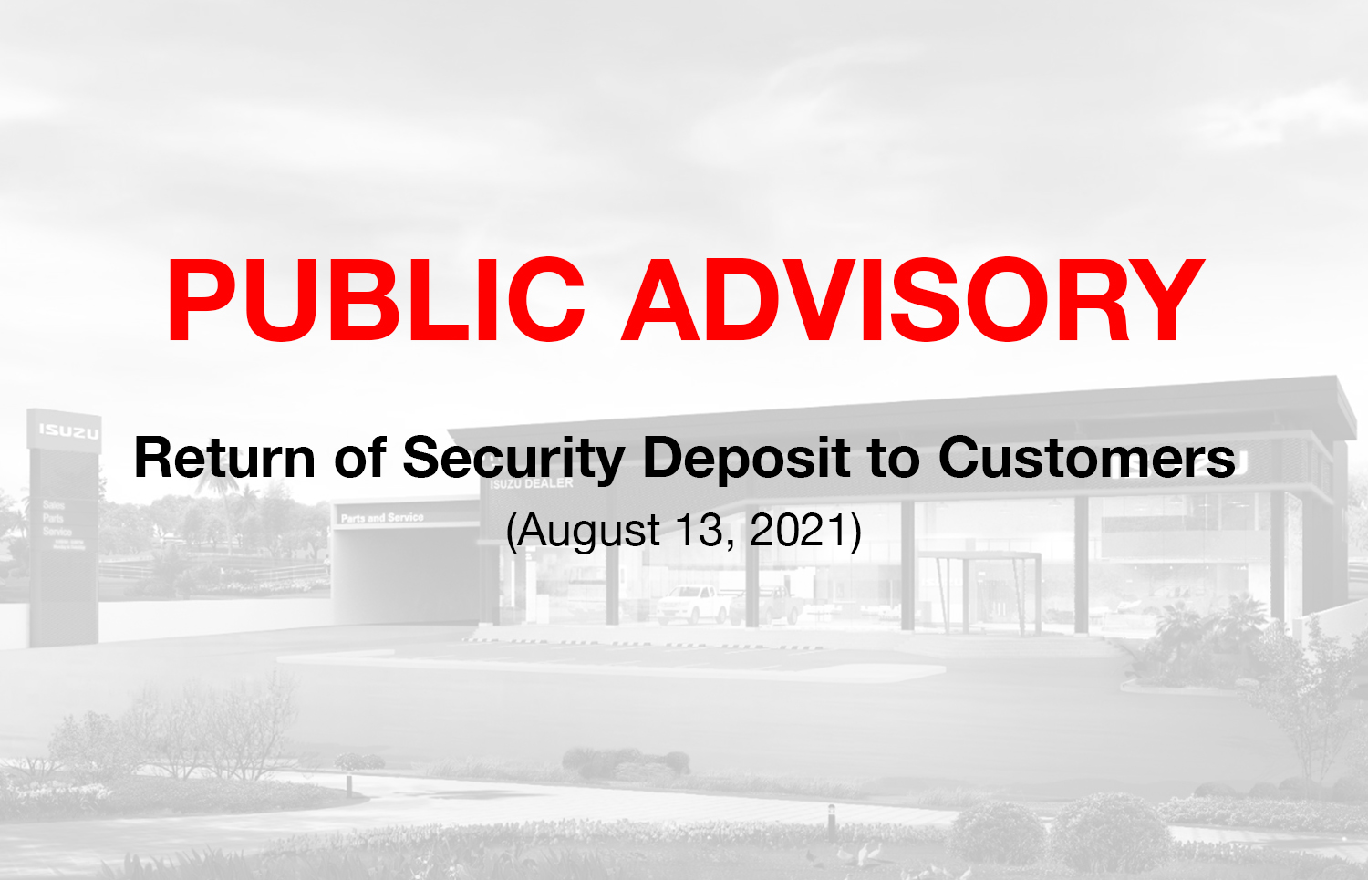 PUBLIC ADVISORY: Return of Security Deposit to Isuzu Customers image